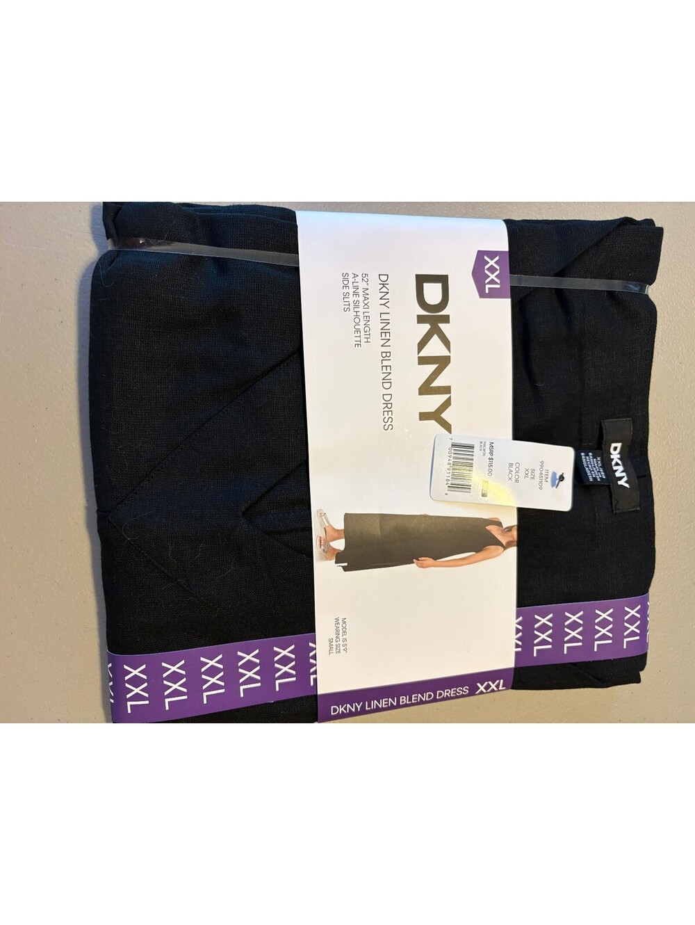 DKNY Linen Blend Maxi Dress with Side Slits, Size XXL, Black